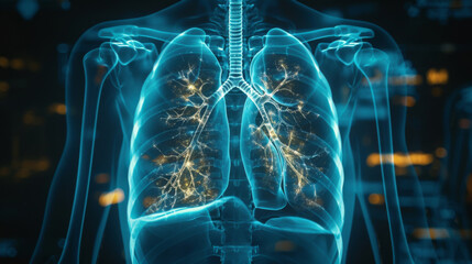 A detailed digital visualization of the human respiratory system highlighting the lungs, bronchi, and trachea with a transparent body overlay. - obrazy, fototapety, plakaty