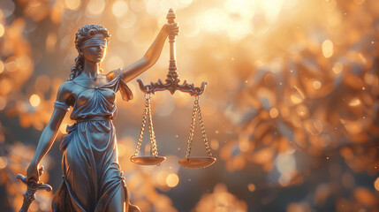 The Statue of Lady Justice holding balanced scales, set against a golden bokeh background, symbolizing the judicial system and fairness. - obrazy, fototapety, plakaty