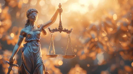 Fotobehang The Statue of Lady Justice holding balanced scales, set against a golden bokeh background, symbolizing the judicial system and fairness. © AI Art Factory