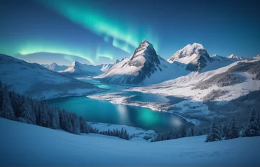 Fotobehang Blue winter landscape Mountains snow aurora borealis © rodrigo