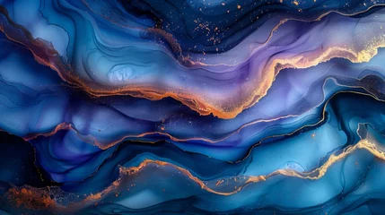 Foto op Plexiglas Painting of luxury abstract fluid art in alcohol ink technique, with blue and purple colors. Stone cut pattern is likened to marble stone with golden veins. A tender and dreamy piece of art. © DZMITRY