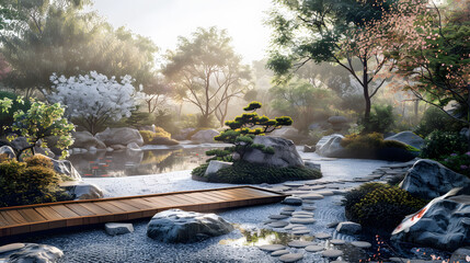 japanese garden in spring - obrazy, fototapety, plakaty