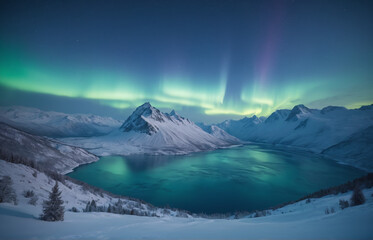 Blue winter landscape Mountains snow aurora borealis