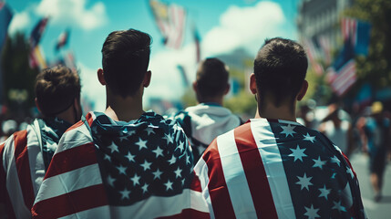 Back view of Men wearing American flag. The concept of  History and Significance of July 4th,  american flag, memorial day,  american democracy,  usa patriotism, victory of us, Ai generated image