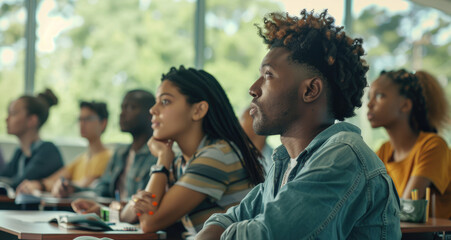 diverse adult students sitting in the classroom, listening to their teacher's lecture and taking notes at their desks - obrazy, fototapety, plakaty