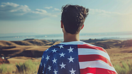 Fototapeta premium Back view of Men wearing American flag. The concept of History and Significance of July 4th, american flag, memorial day, american democracy, usa patriotism, victory of us, Ai generated image
