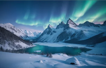 Foto op Canvas Blue winter landscape Mountains snow aurora borealis © rodrigo