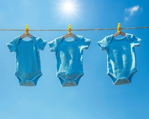 Bodysuits for a baby hanging in direct sunlight with clear blue sky backdrop, suggesting clean laundry, brightness, and new beginnings