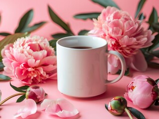 Fototapeta na wymiar A cozy white mug amongst scattered pink peony blossoms and leaves on a matching pink surface encapsulates comfort