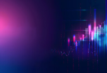 Modern Financial Tech Display: Neon Glow Bar Graph and Trading Charts on Dark Blue Gradient - obrazy, fototapety, plakaty