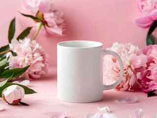 An arrangement of lush pink peonies with a simple white mug set against a complementary pink backdrop for a calming scene
