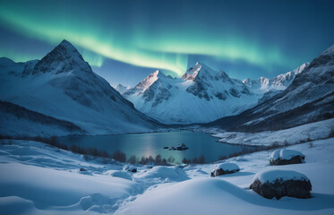 Fototapeta na wymiar Blue winter landscape Mountains snow aurora borealis
