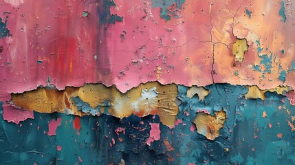 This abstract painting on panoramic canvas incorporates a mix of vibrant and muted colors, with unique texture and depth