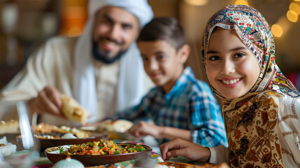 Muslim family eating food, Islamic Festival, Eid Ul Fitr, Eid Al Adah, Ramadan Kareem, world religious day, Generative Ai