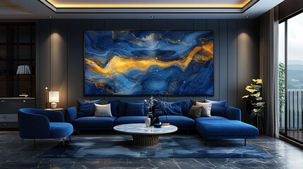 A large blue and gold abstract painting hangs on the wall of an elegant living room, with dark gray walls, sofa in deep sapphire color, coffee table, floortoceiling windows and marble flooring. 