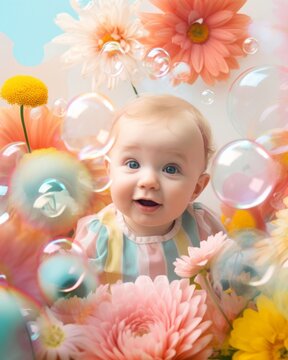 An adorable baby with wide eyes smiles among vibrant flowers and floating soap bubbles