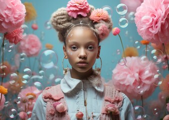 Fototapeta premium A girl with a creative flower-adorned hairstyle interacts with soap bubbles against a floral backdrop