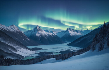 Obraz premium Blue winter landscape Mountains snow aurora borealis