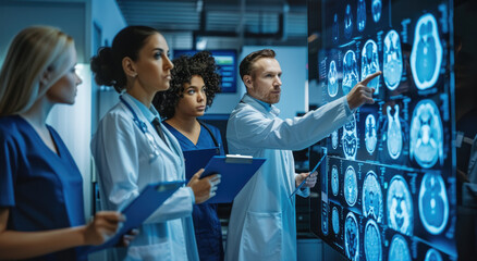 Diverse medical team discussing patient data on a digital screen in a clinic, showcasing AI technology for an ultrarealistic and cinematic look