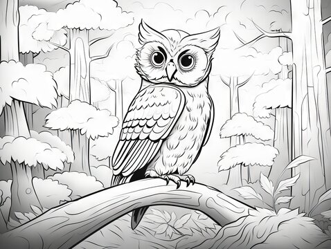 Charming owl perched on a branch in a serene forest - black and white illustration for coloring