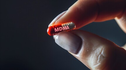 Close-up of a pill marked MDMA for PTSD therapy.