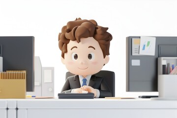 2D Animated Businessman Working on Computer in Stylized 3D