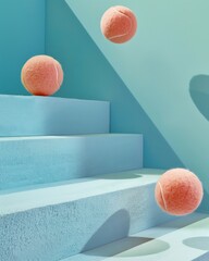 Soft pastel-colored tennis balls bouncing up sky blue minimalist steps - obrazy, fototapety, plakaty