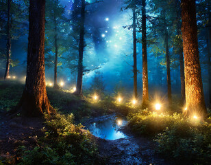 Gloomy fantasy forest scene at night with glowing lights

