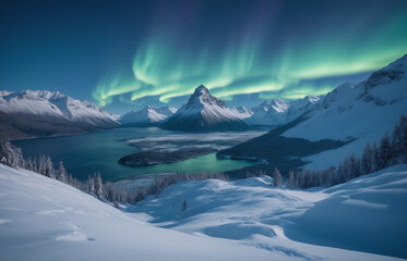 Obraz premium Blue winter landscape Mountains snow aurora borealis