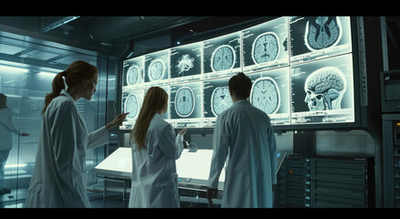 Diverse medical team discussing patient data on a digital screen in a clinic, showcasing AI technology for an ultrarealistic and cinematic look