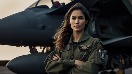 Military fighter jet woman pilot portrait, half body, copyspace