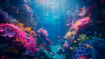 Foto op Plexiglas Deep beneath the ocean's surface, a vibrant ecosystem teems with life, illuminated by the soft glow of bioluminescent creatures.   © Fatima