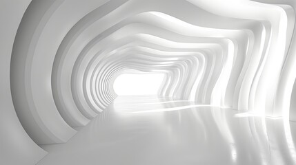 Curved white futuristic tunnel with a bright light at the end, creating a sleek and modern atmosphere.