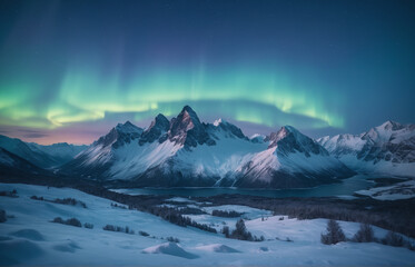 Blue winter landscape Mountains snow aurora borealis