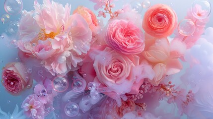 Dreamy visual of roses, cherry blossoms blended with a soft color gradient and bubbles