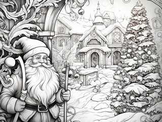 Adult Christmas coloring page - intricate festive patterns and scenes in black and white for creative relaxation and holiday spirit
