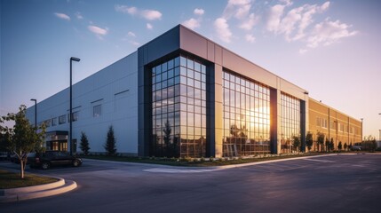 Fototapeta na wymiar Modern sleek warehouse office building facility exterior architecture, steel, night, cloudy, overcast