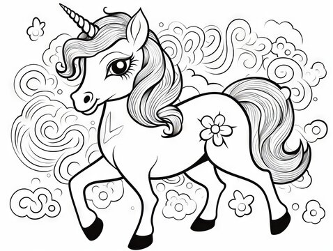 Charming cartoon unicorn: black and white illustration for creative coloring activity