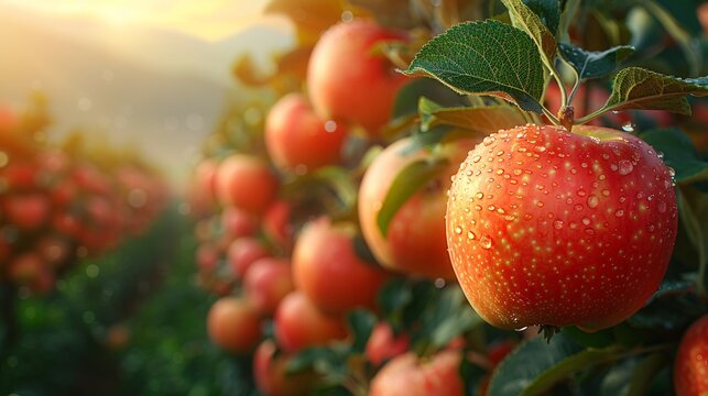 Sure, here is a description for the image: Ripe red apple growing in a garden patch and on the branches of a tree