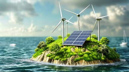Sustainable Energy Island, A conceptual island harnesses wind and solar power amid the ocean, symbolizing the potential of renewable energy sources in natural settings, panels, photovoltaic, green