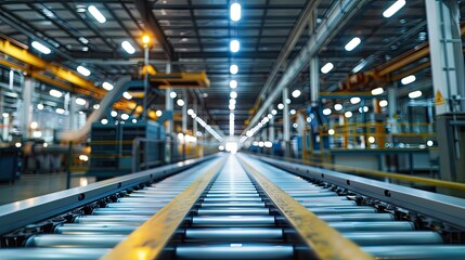 Precision in Production, Inside a modern industrial factory, the focus is on a conveyor belt system under bright artificial lighting, symbolizing efficiency and automation. industrial, factory