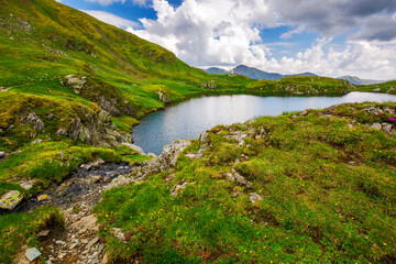 capra lake of fagaras range on a cloudy day. summer nature scenery in mountains of romania. popular travel destination of transylvania alps