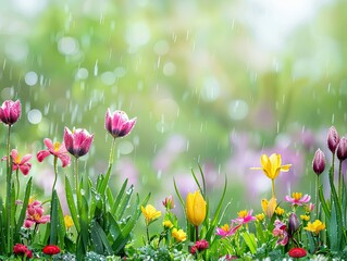 Spring Showers, A vibrant display of tulips and assorted spring flowers enduring a gentle rain, glistening with raindrops amidst a fresh, green fresh, enduring, gentle, assorted, colorful, floral
