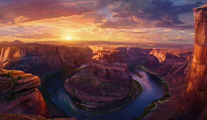 panoramic view of the Horseshoe Canyon in Arizona at sunset, with its iconic rock formation and...