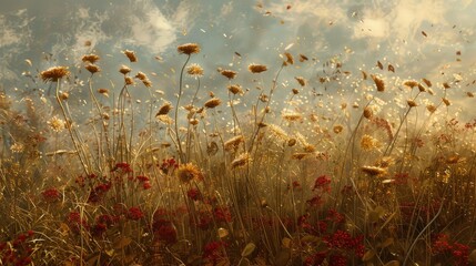 Autumn Meadow Serenity A Harmony of Color, Movement, and Harvest - obrazy, fototapety, plakaty