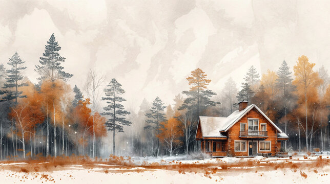  A landscape of a house in the forest, watercolor painting. Cozy home in the forest landscape with wooden houses watercolor illustrations. Banner nature landscape and a house watercolor background.
