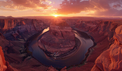 panoramic view of the Horseshoe Canyon in Arizona at sunset, with its iconic rock formation and winding river - obrazy, fototapety, plakaty