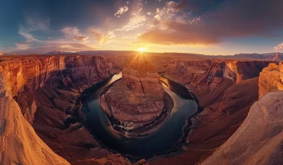 Poster panoramic view of the Horseshoe Canyon in Arizona at sunset, with its iconic rock formation and winding river © Kien