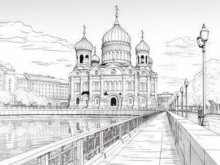 Coloring book illustration: iconic Russian landmarks and cultural symbols - black and white outline - obrazy, fototapety, plakaty