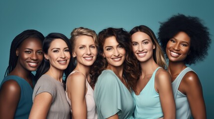 A diverse group of beautiful women and friends of different races and ethnicities, proud and confident in themselves, against a light blue background